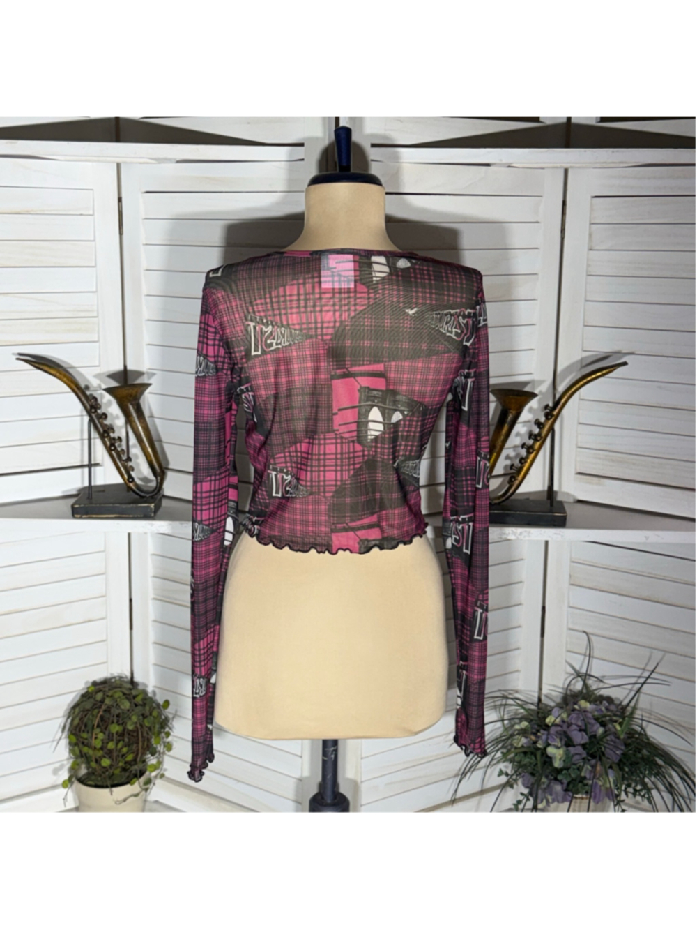 NWOT Social Tourist mesh crop top Hollister plaid long sleeves punk alt grunge M - Picture 2 of 11